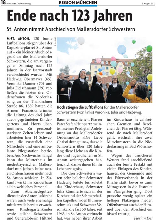 Abschied Mallersdorfer Schwestern am 29.07.2012, Artikel MKZ