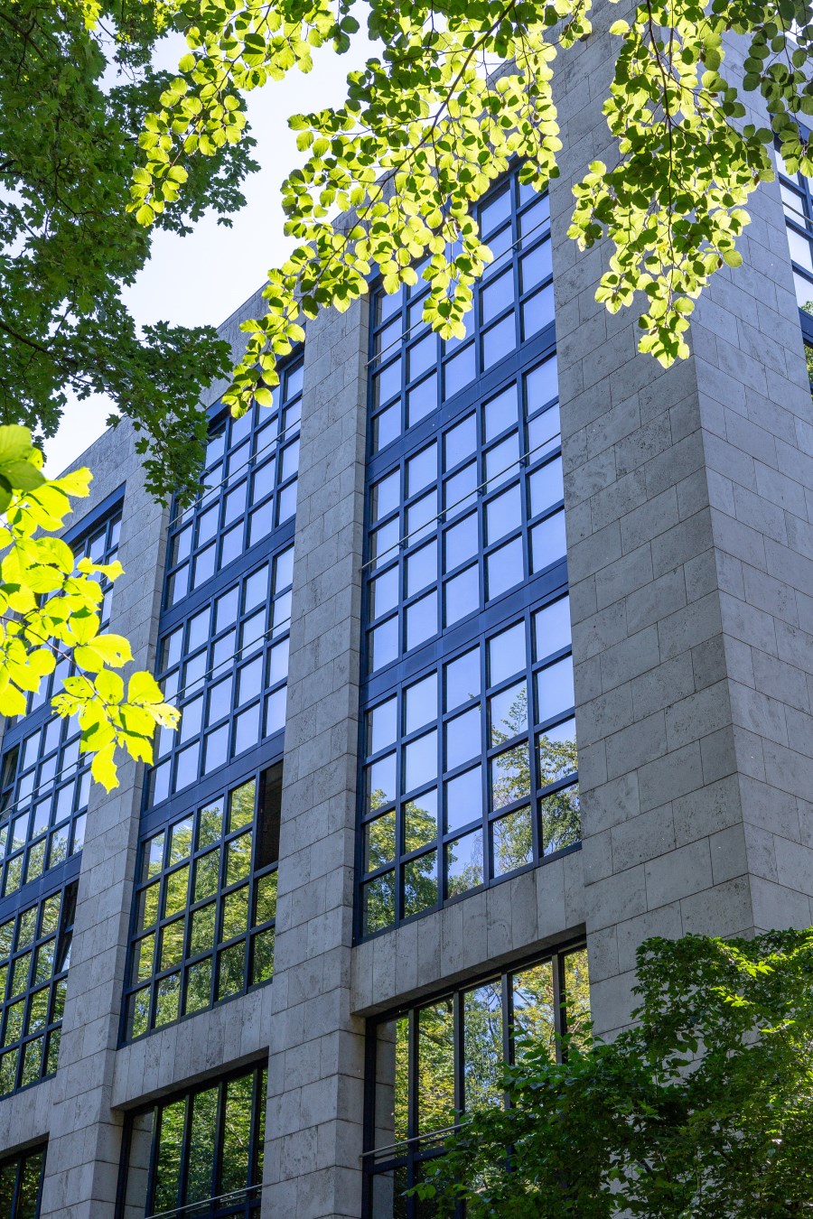 Hausansicht mit hohen Fenstern