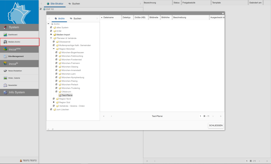 Position und Übersicht des Medien-Archiv im Incca CMS.