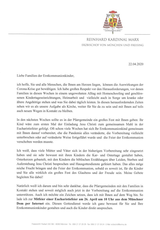 Brief vom Erzbischof an Erstkommunionkinder