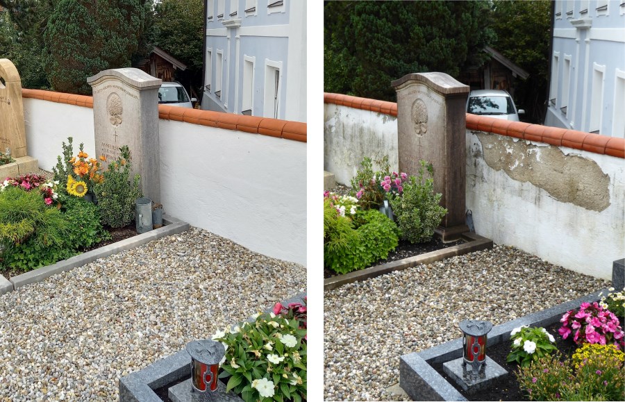 Die Tettenhausener Friedhofsmauer vor und nach dem Anstrich