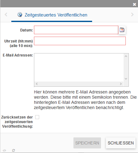 Zeigt die Optionen zum zeitgesteuerten Freigeben von Webinhalten.