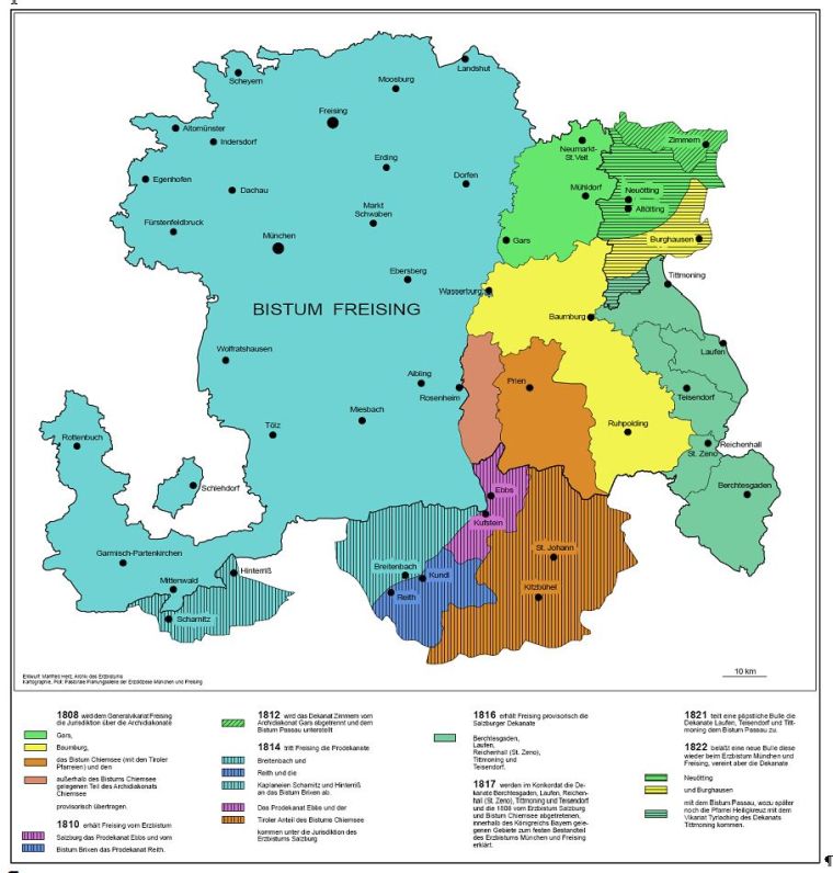 Karte; Entwurf: Manfred Herz, Archiv des Erzbistums München und Freising, 1998; Ausführung: Felix Halbgewachs, Erzbischöfliches Ordinariat München