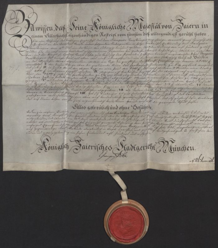 Pergamenturkunde mit Wachssiegel des Königlich Baierischen Stadtgerichts München, 27. Juni 1818