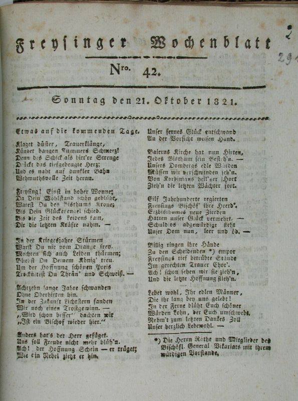 Freysinger Wochenblatt, Nr. 42 vom 21. Oktober 1821