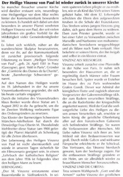 Pfarrbriefartikel_2013_Der Heilige Vinzenz von Paul ist zurück
