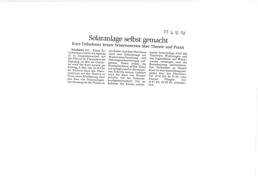 Solaranlage Zeitungsartikel