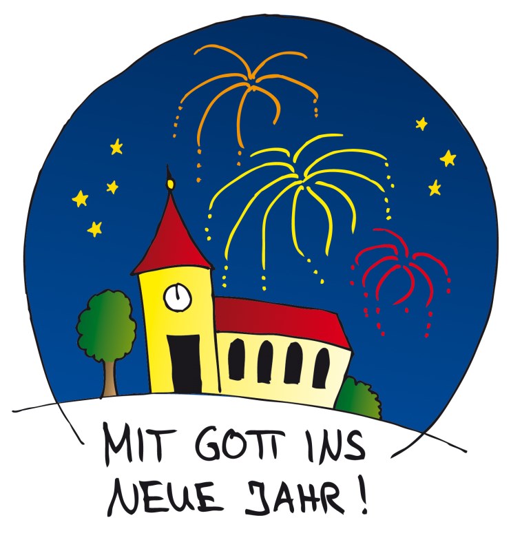 Grafik farbig: Mit Gott ins neue Jahr; Kirche mit Feuerwerk