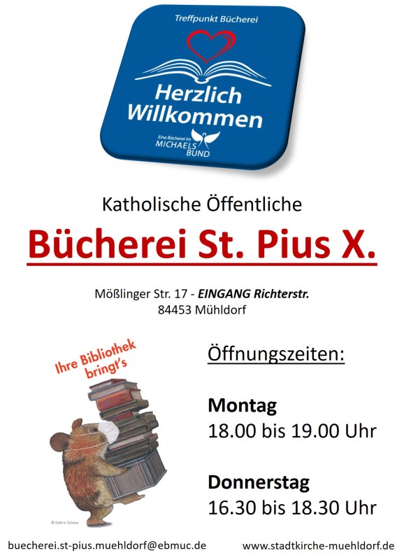 Plakat Bücherei St. Pius X. Öffnungszeiten