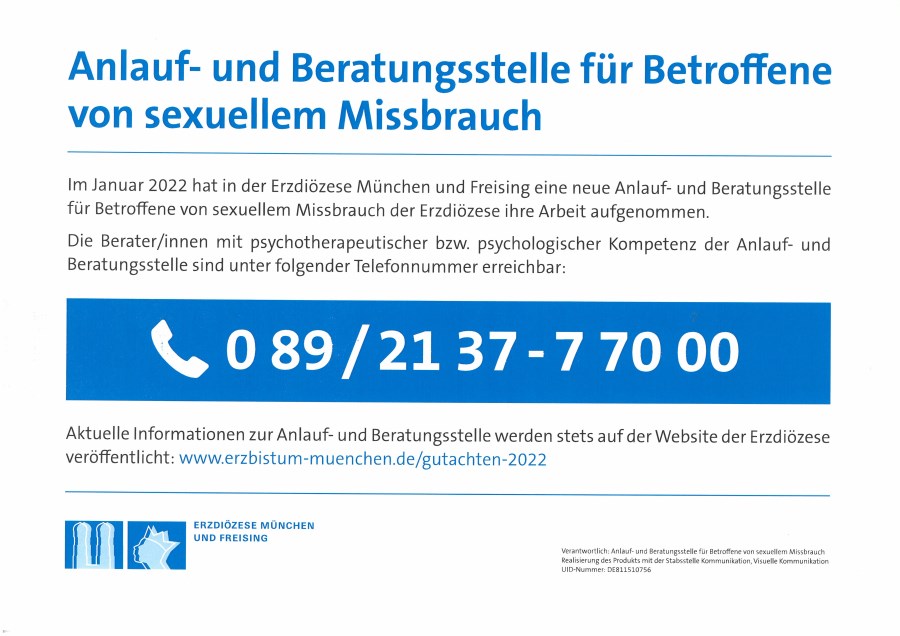 Aktuell ist die Anlauf- und Beratungsstelle wie folgt erreichbar:<br/>•Montag, Mittwoch, Donnerstag und Freitag jeweils von 9 bis 15 Uhr<br/>•Dienstag jeweils von 14 bis 20 Uhr<br/>Telefon: 089/ 2137-7 70 00