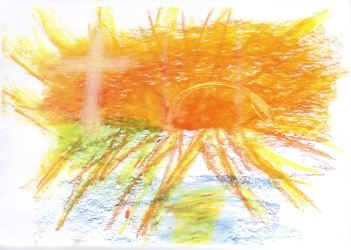 gemalter Sonnenaufgang in starken gelb-orange-roten Farben mit diffus weiß-nebligem Kreuz