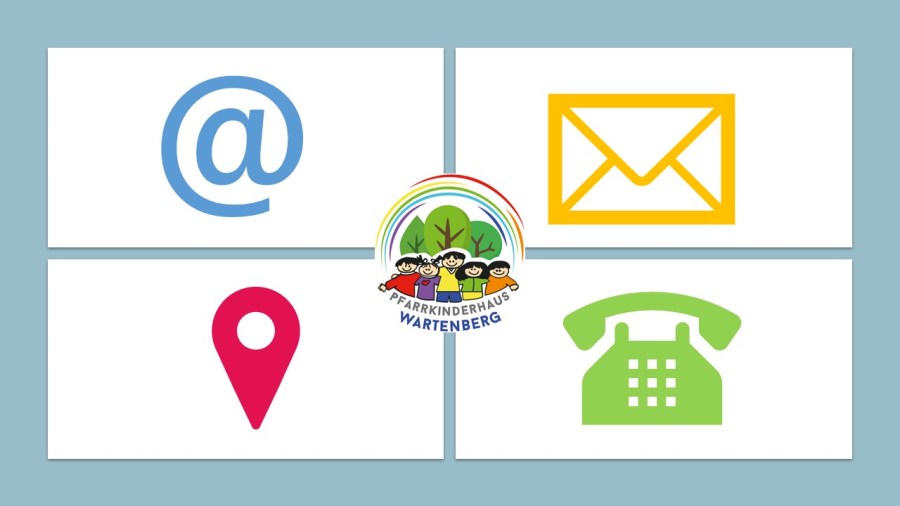 Piktogramm mit Zeichen für Standort, Mail, Brief, Telefon