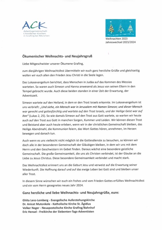 2023 ökumenischer Weihnachts- und Neujahrsgruß