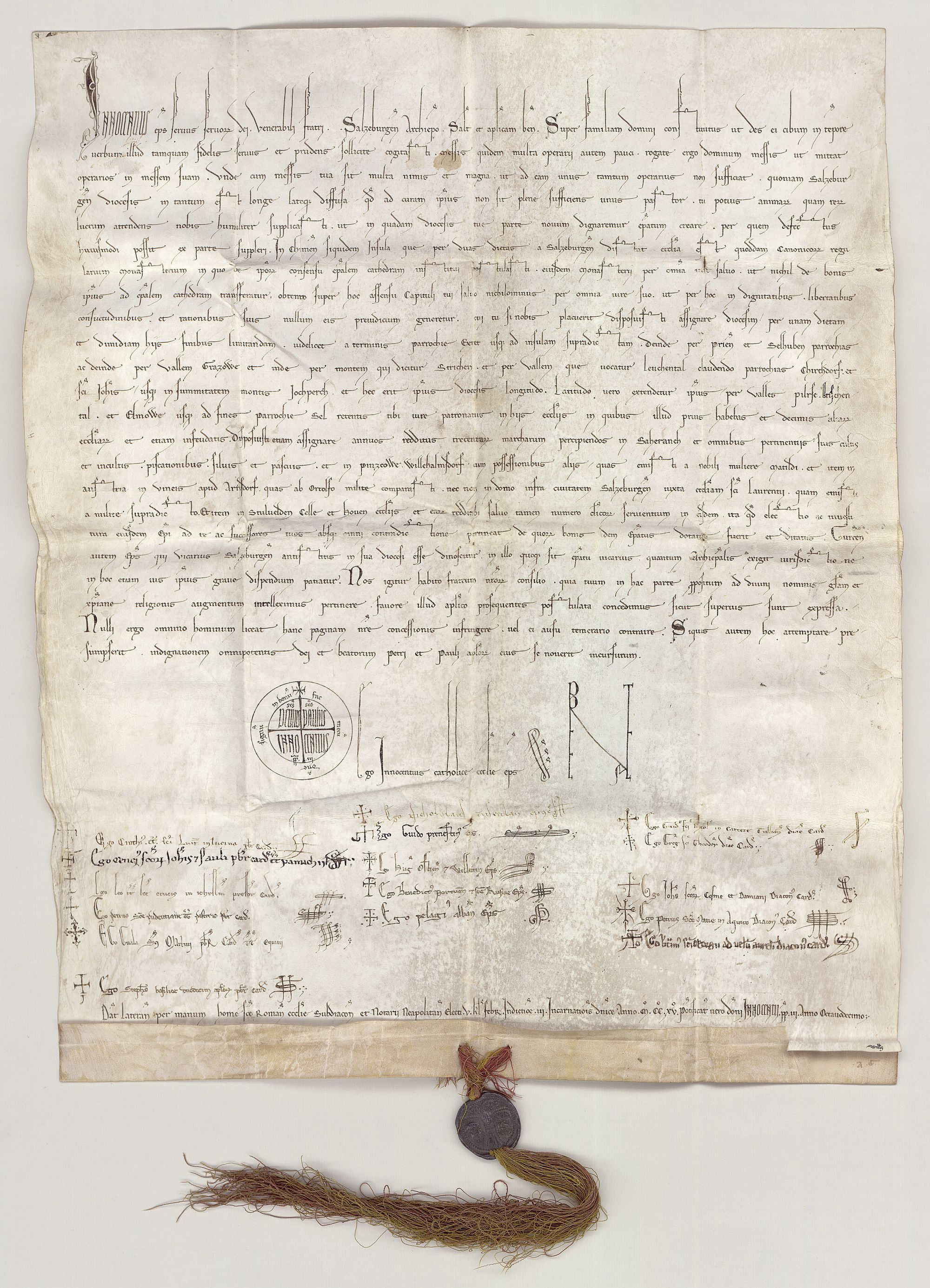 Pergamenturkunde mit anhängender Bleibulle, 28. Januar 1216