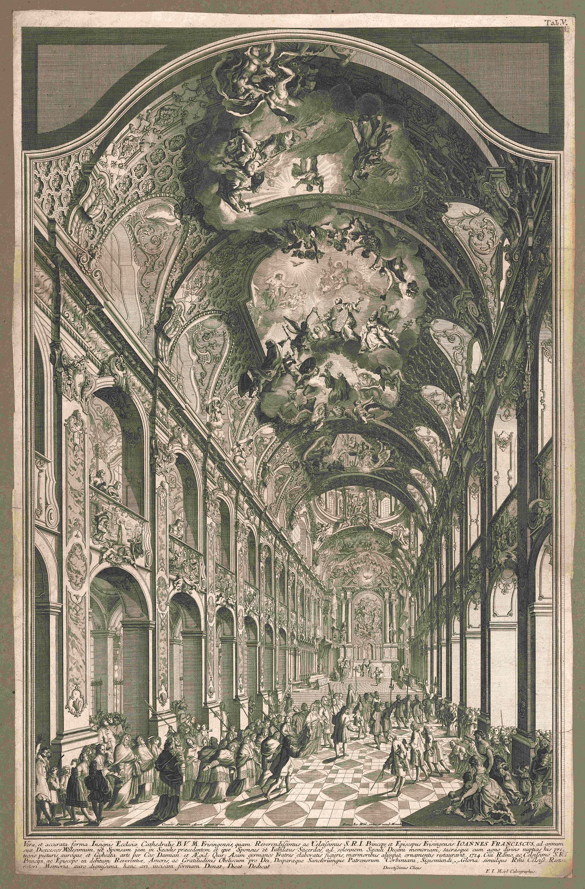 Kupferstich von Franz Joseph Mörl nach Cosmas Damian Asam, 1724; Abzug von 1824 (Tafel V in: Joseph Jakob von Heckenstaller, Dissertatio Historica de Antiquitate et aliis quibusdam memorabilibus Cathe