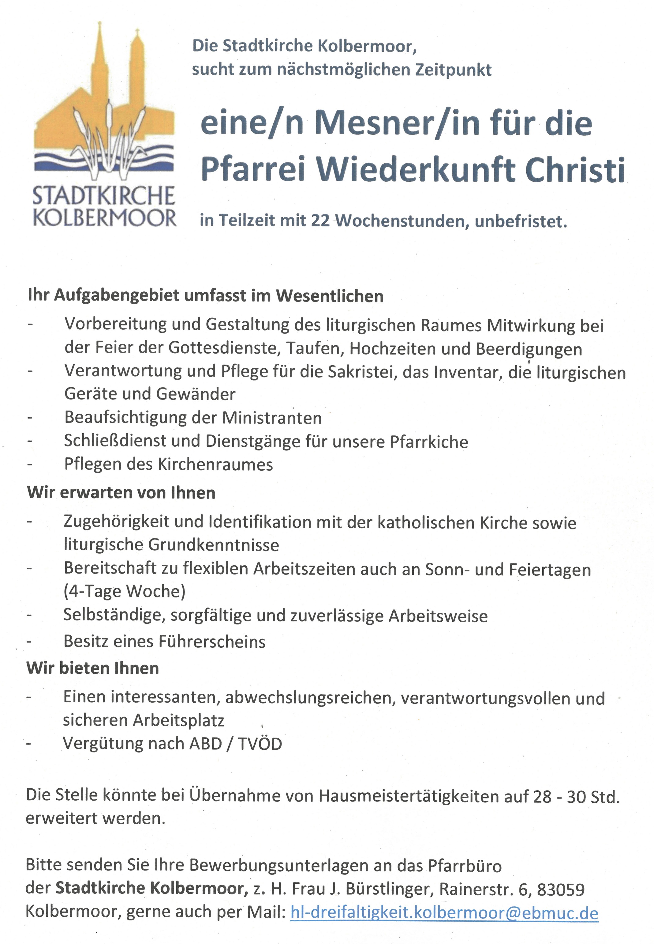 Stellenanzeige Mesner in Wiederkunft Christi
