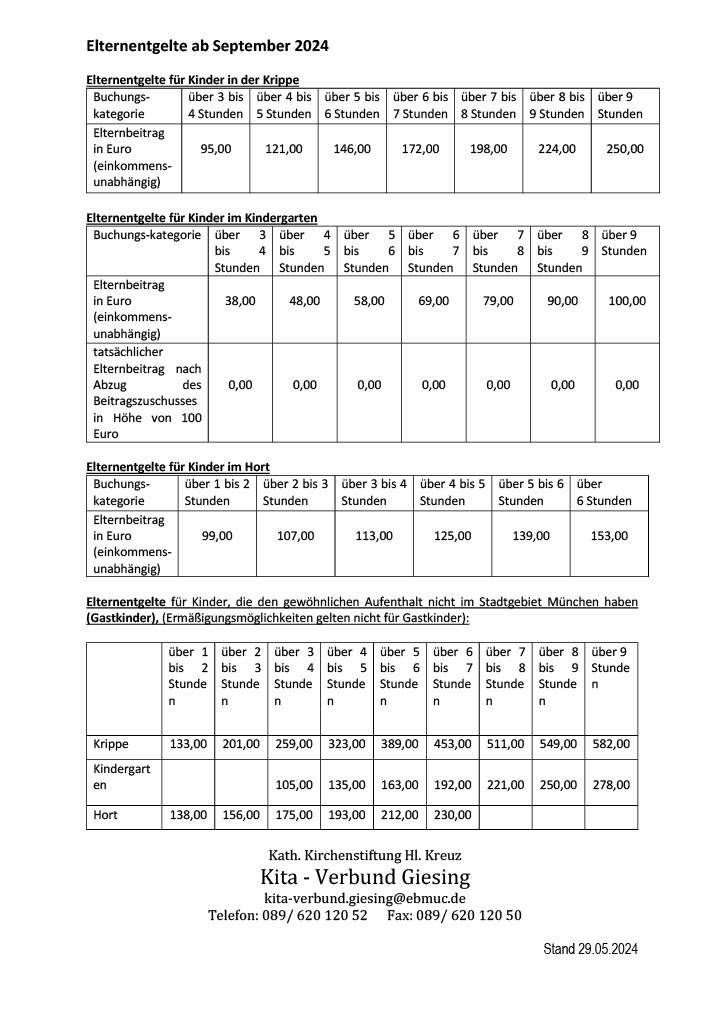 Elternentgelte ab September 2024<br/>Zu den Hl. Engeln Kindergärten