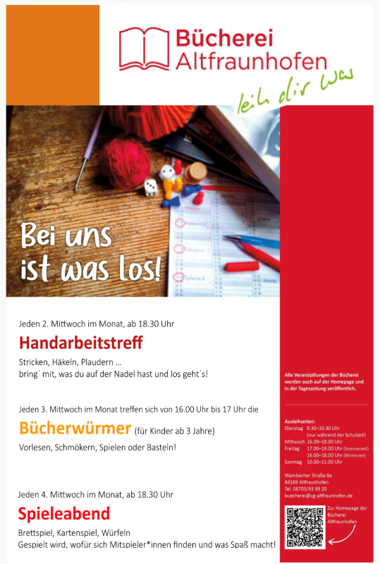 Plakat regelmäßige Treffen in der Bücherei