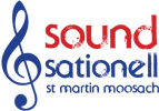 Logo des Chors Soundsationell. Violinschlüssel mit Chorname und St. Martin-Moosach.