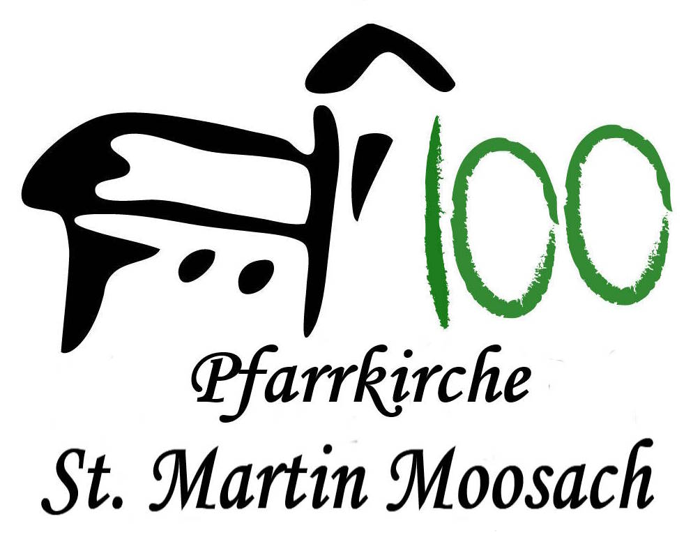 Logo 100 Jahre Pfarrkirche. Stilisierte Kirche mit der Zahl 100. Darunter der Text Pfarrkirche St. Martin-Moosach