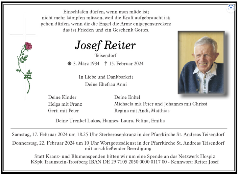 Todesanzeige Josef Reiter