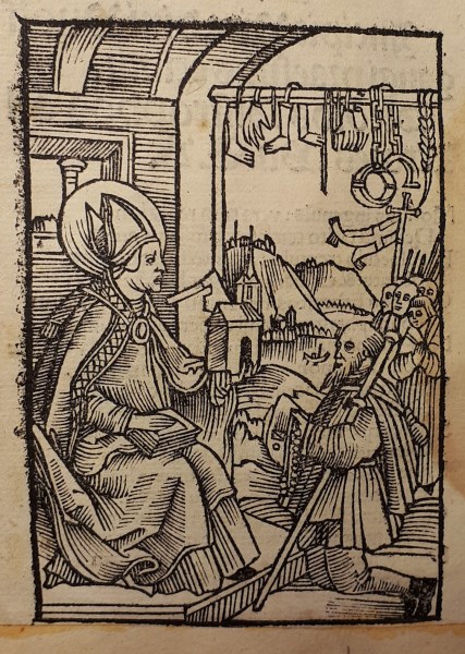 Wallfahrer vor dem hl. Wolfgang. Holzschnitt, 1516