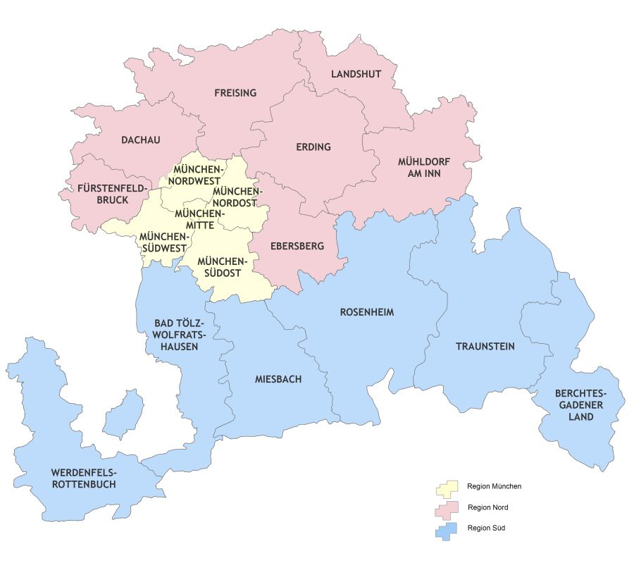 Karte mit den 2024 eingeführten neuen Dekanaten im Erzbistum München und Freising