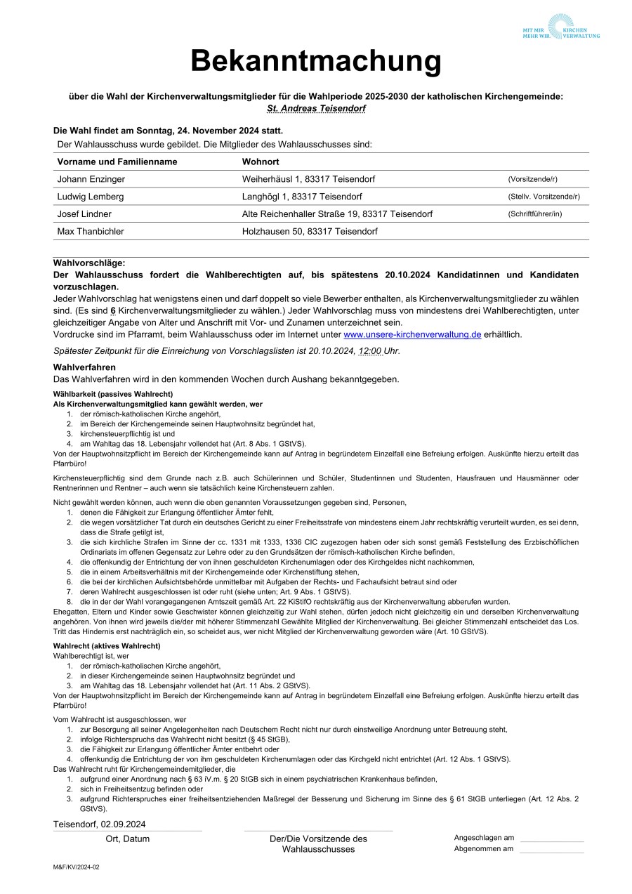 Bekanntmachung Kirchenverwaltungswahl