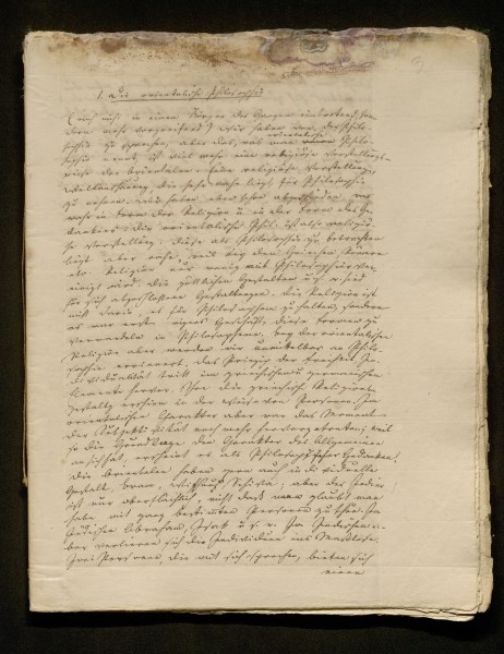 Vorlesungsmitschrift „Geschichte der Philosophie“, beschädigter oberer Rand durch (reversible) Verklebung mit Japan-Papier gesichert, keine Ergänzung der Fehlstellen