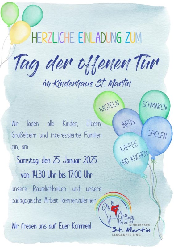 Am Samstag, den 25.01.2025 findet von 14:30 bis 17:00 Uhr der Tag der offenen Tür im Kinderhaus St. Martin statt.