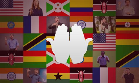 Weiße geöffnete Hände, Hintergrund Flaggen versch. Nationaliätien und Gebärdende Personen