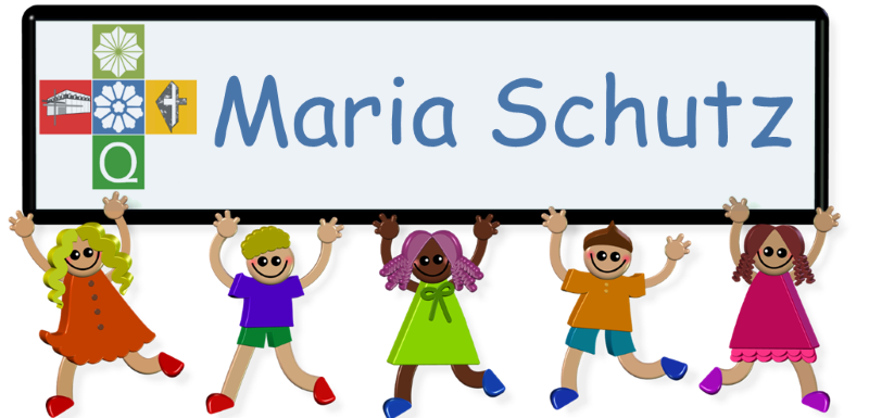 5 lustig, gezeichnete Kinder halten gemeinsam ein Schild hoch auf diesem das Kita-Verbund-Logo und Text: Maria Schutz.