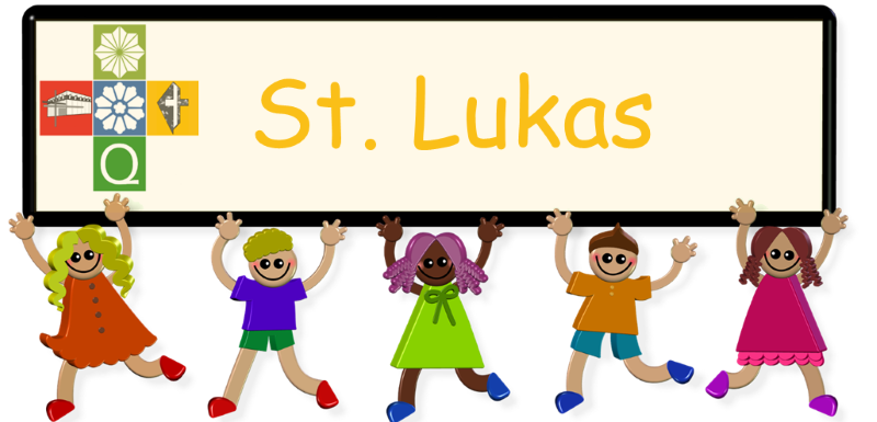 5 lustig, gezeichnete Kinder halten gemeinsam ein Schild hoch auf diesem das Kita-Verbund-Logo und Text: St. Lukas.