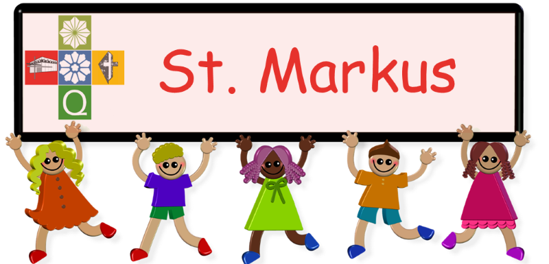 5 lustig, gezeichnete Kinder halten gemeinsam ein Schild hoch auf diesem das Kita-Verbund-Logo und Text: St. Markus.