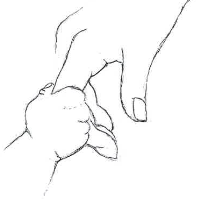Strichzeichung: Eine Kinderhand umfasst einen Finger einer Erwachsenenhand