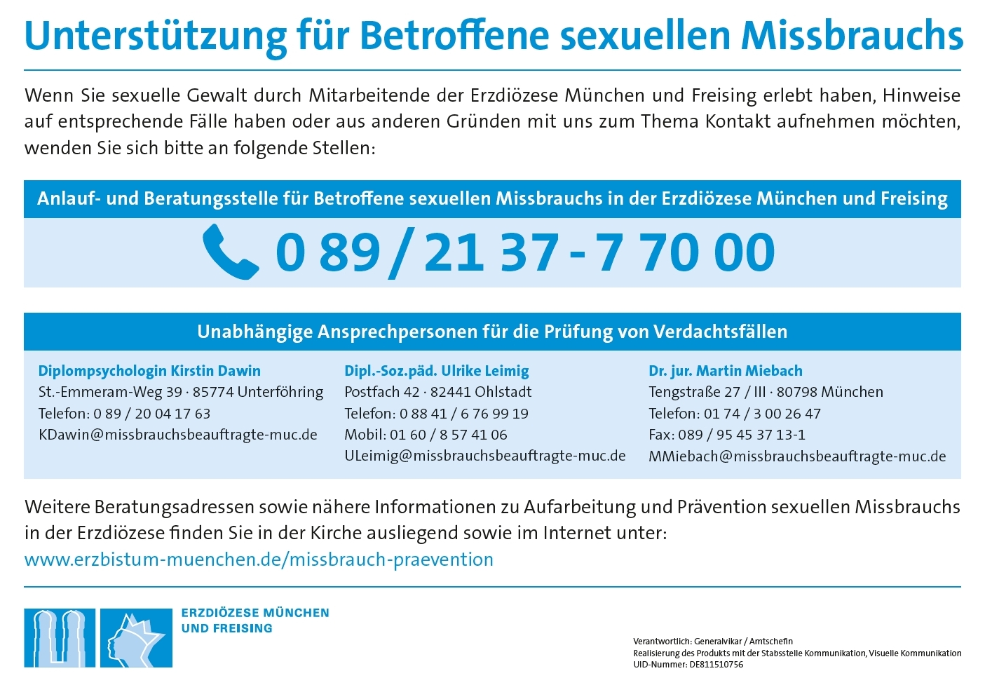 Das Schaubild zeigt die Telefonnummer der Anlaufstelle für Betroffene von sexuellem Missbrauch in der Erzdiözese München und Freising. Ebenso sind die Kontaktdaten der Ansprechpersonen abgebildet.