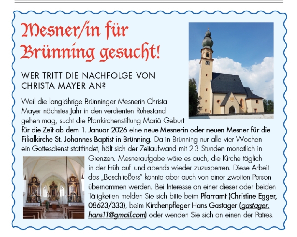 Stellenausschreibung Mesner in Brünning