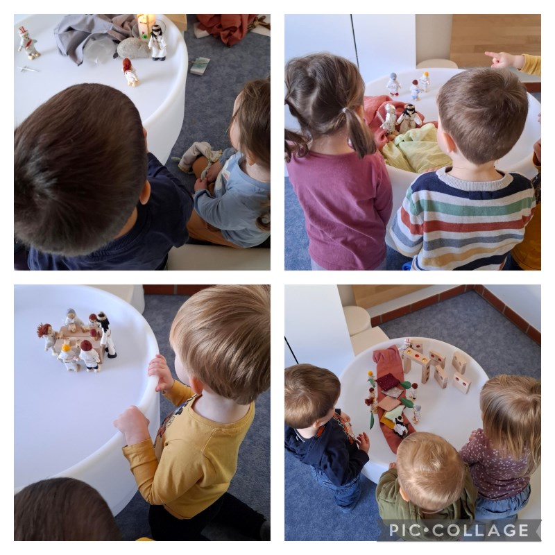 Die Fröschegruppe hört die Geschichte rund um Ostern.