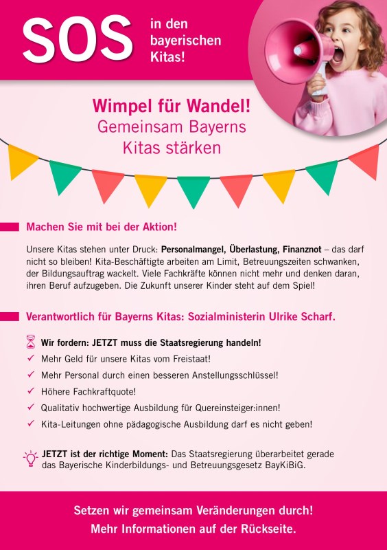Aktion Wimpel für den Wandel für bessere Bedingungen in den bayerischen Kitas.