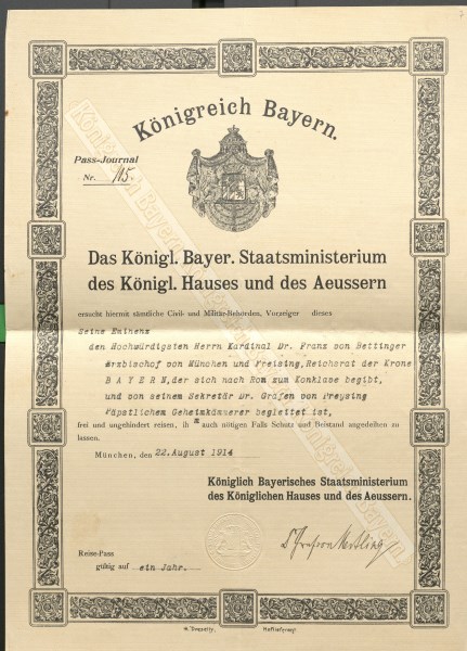 bayerischer Reisepass für Kardinal Bettinger, 1914