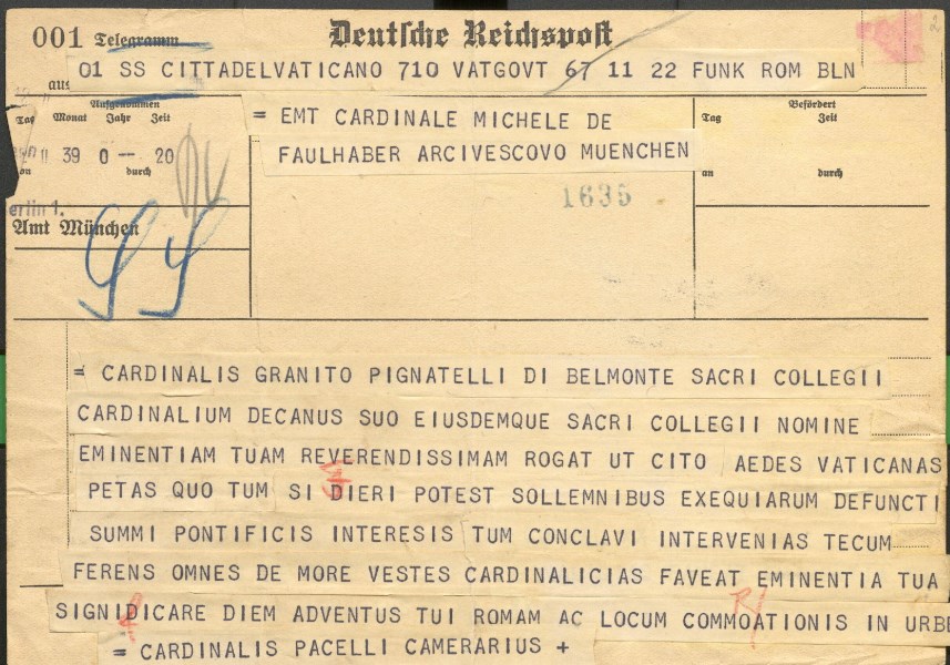 Telegramm, mit dem Kardinal Faulhaber zum Konklave gerufen wird, 1939