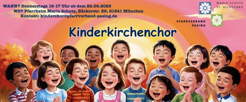 Grafik mit 15 fröhlich lachenden Kinderköpfen vor einem rosa orange-farbigen Hintergrund, darauf Text: Kinderkirchenchor