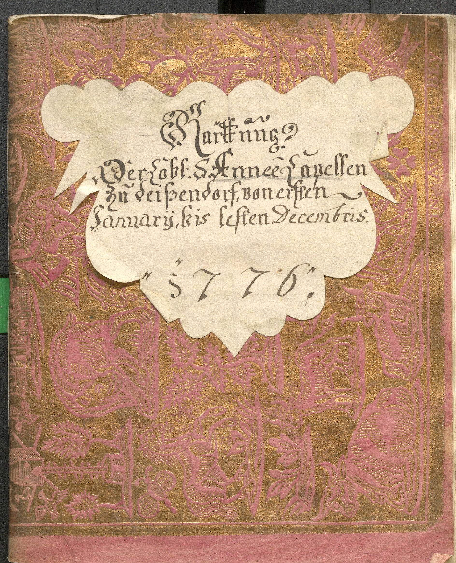 Goldprägepapier als Einband der Jahresrechnung der St. Anna-Kapellenstiftung in Teisendorf, 1757 (CB448, 659)