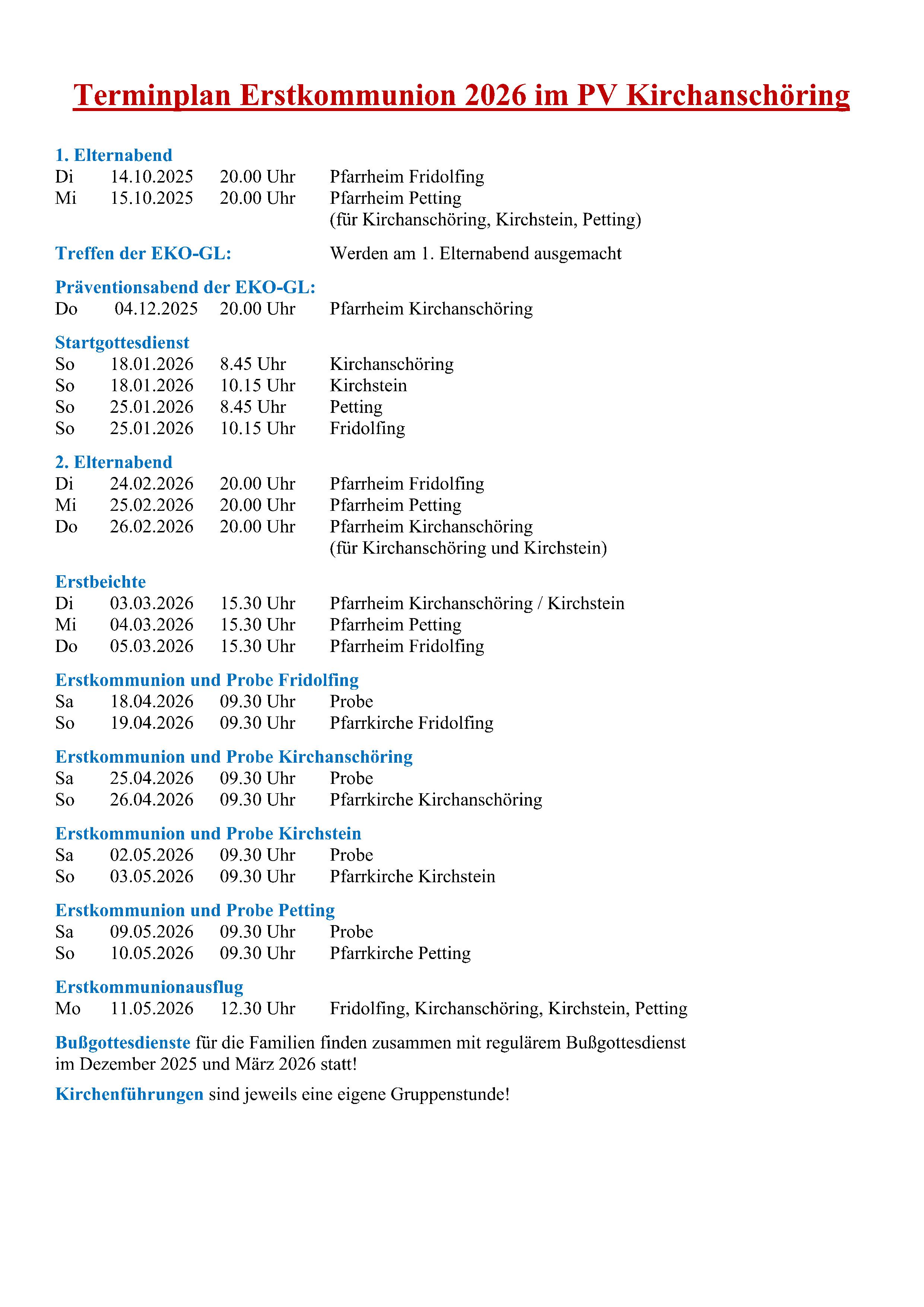 Terminplan Erstkommunion 2026