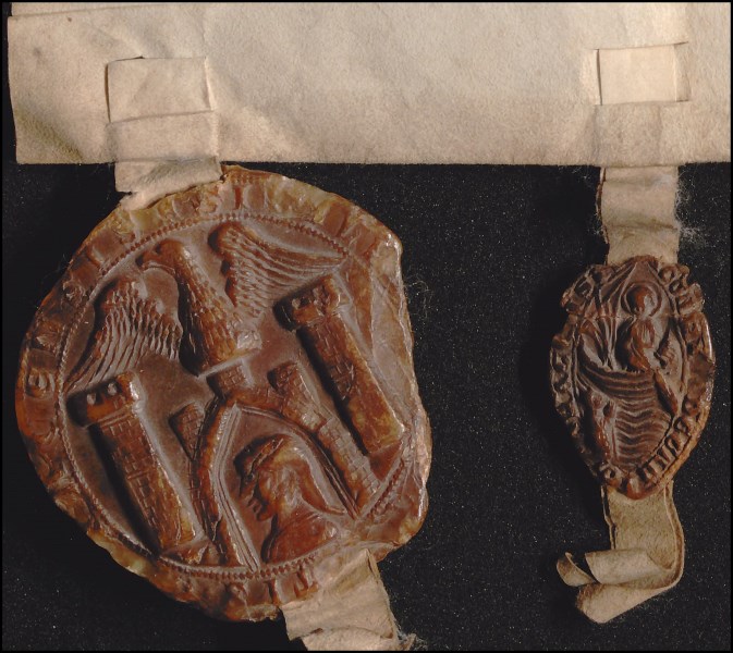 Siegel des Münchner Stadtrats und von Dekan Konrad Wildbrecht an der Stiftungsurkunde von 1284