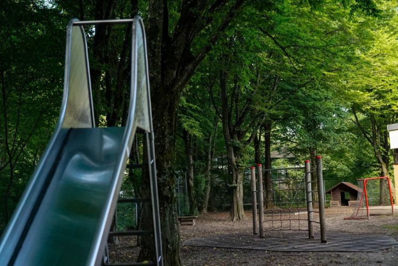 Rutsche und Klettergerüst umrahmt von grünen Bäumen im Garten der Kita St. Markus