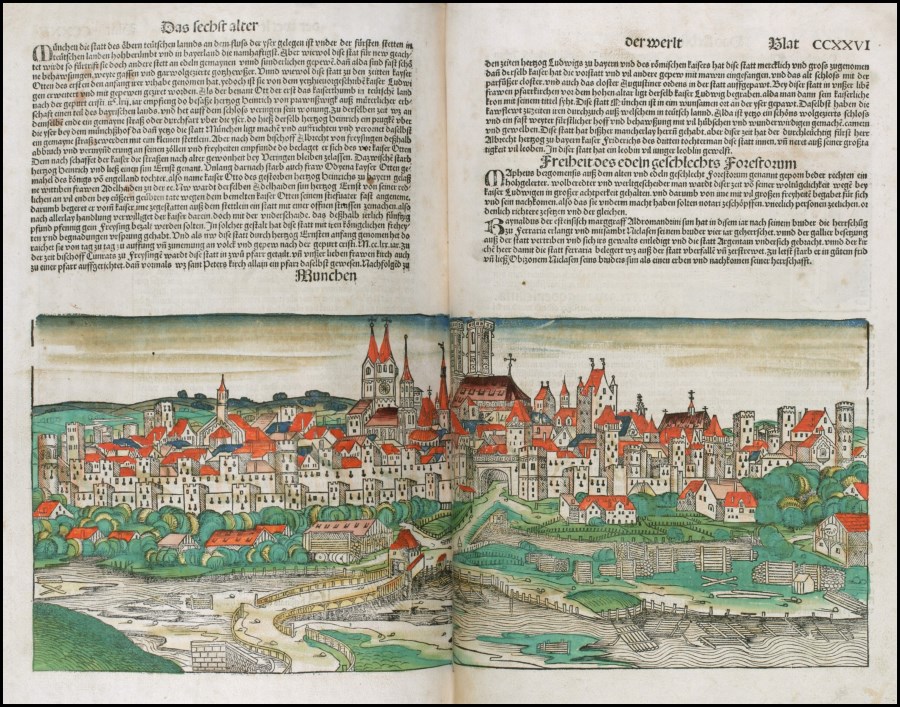 Die älteste Stadtansicht Münchens. Kolorierter Holzschnitt von Michael Wohlgemut in der „Weltchronik“ von Hartmann Schedel, Nürnberg 1493