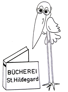 Strichzeichnung eines Marabus mit einem Buch und Aufschrift: Bücherei St. Hildegard