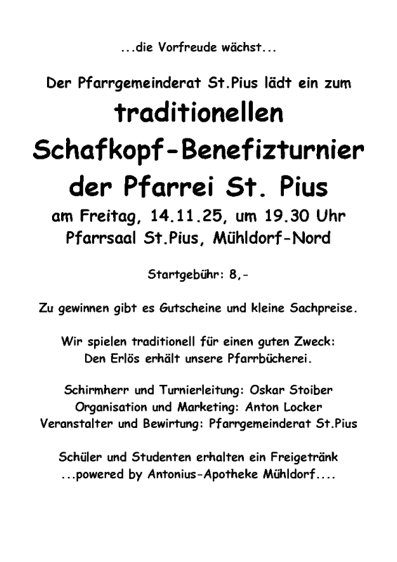 Einladung zum traditionellen Schafkopf-Benefiztunier am 14. November 2025 um 19.30 Uhr im Pfarrsaal von St. Pius X.