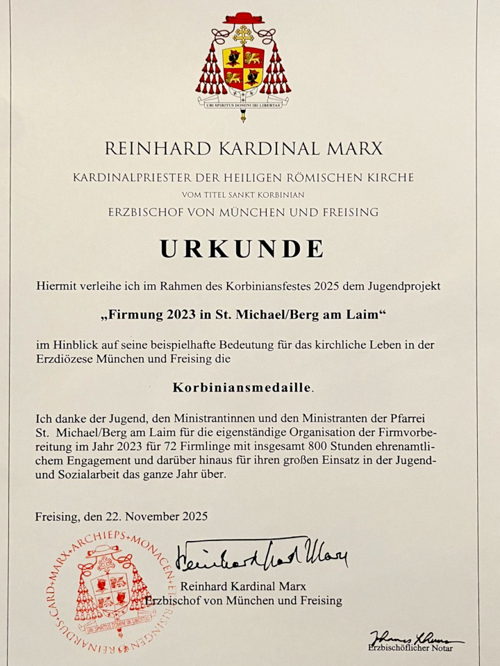 Urkunde zur Verleihung der Korbiniansmedaille 2025